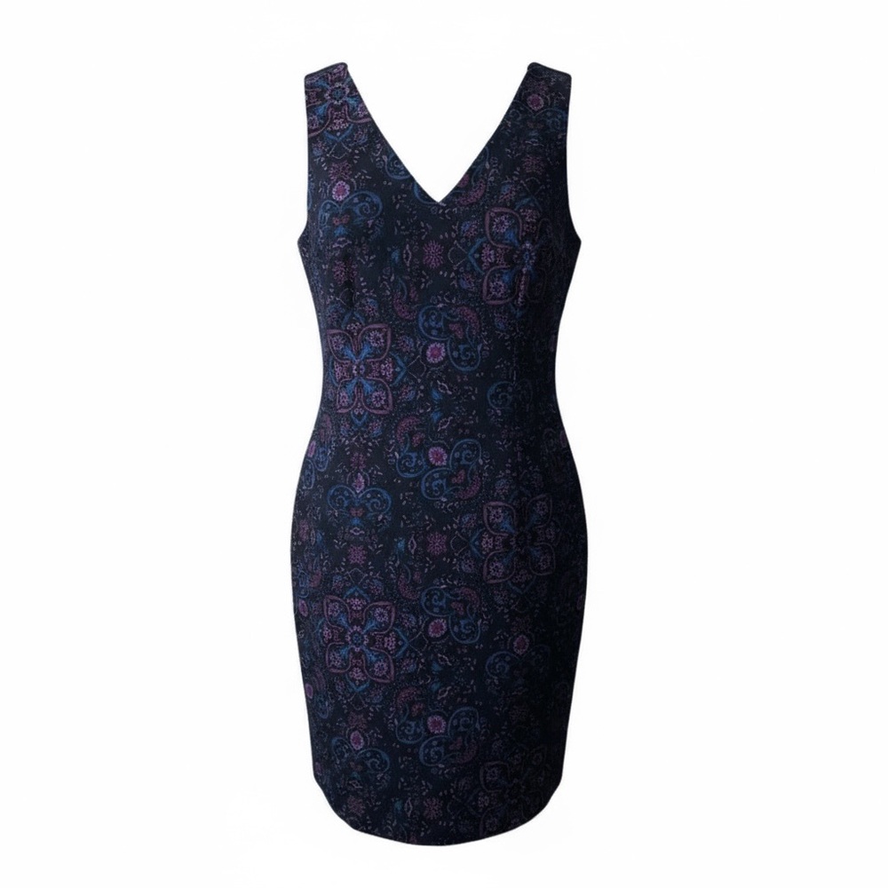 Banana Republic Sheath Dress Size 2 Double V Navy Purple Floral Poplin 665135